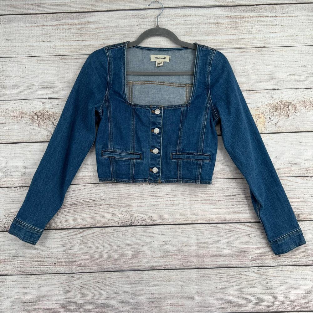 Madewell Denim Square-Neck Crop‎ Top Womens 0 Blue Hallwood Wash Button Down